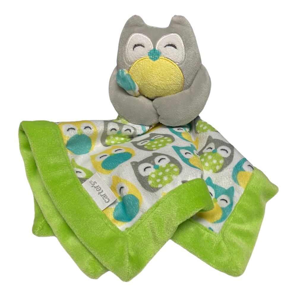 Carter's Gray Owl Plush‎ Velour Lovey Security Blanket 67039 Green Yellow 14"